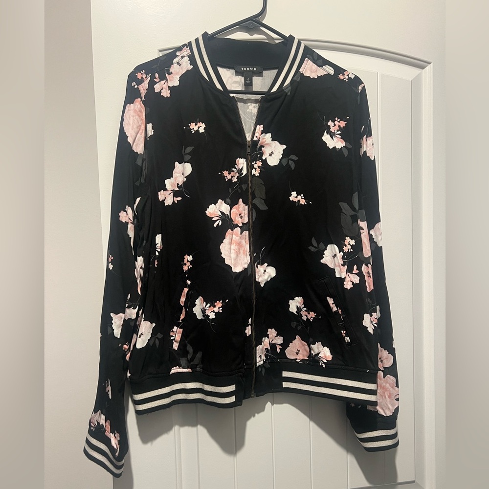 Torrid Black and Pink Floral Bomber Jacket